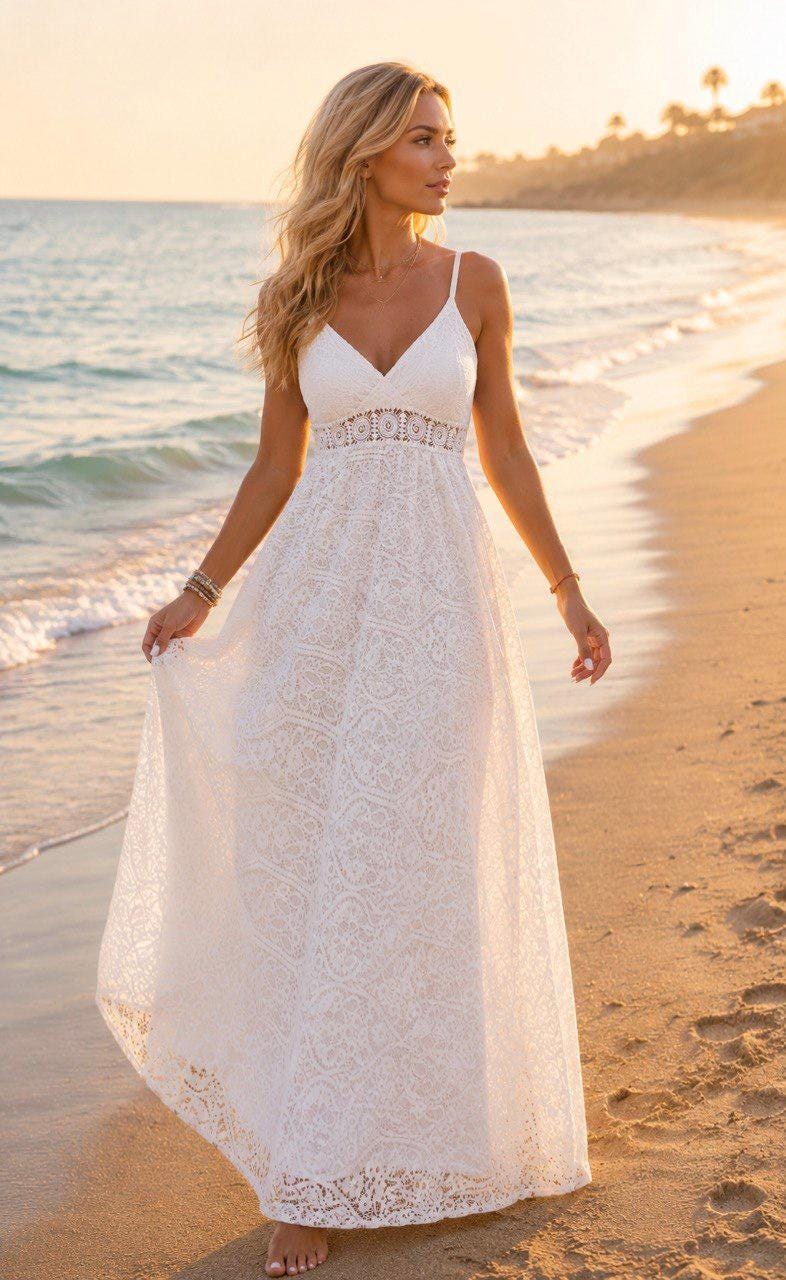 Beige Lace Maxi Dress, Boho Beach Dress, Summer Wedding Dress, Bohemian Bridal Dress, Romantic Vacation Dress.