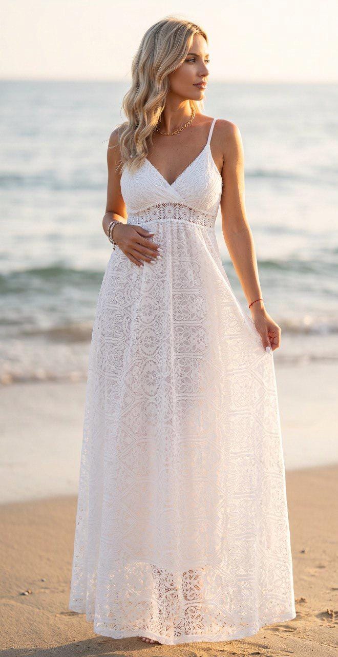 Beige Lace Maxi Dress, Boho Beach Dress, Summer Wedding Dress, Bohemian Bridal Dress, Romantic Vacation Dress.