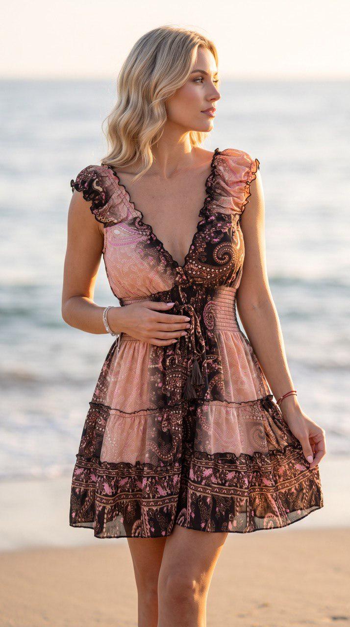 Boho Mini Dress, Brown Paisley Print Dress, V Neck Ruffle Dress, Summer Beach Dress, Festival Dress, Bohemian Party Dress, Mini Boho Dress.