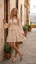 Boho Mini Dress, Ivory Embroidered Dress, Romantic Summer Dress, Long Sleeve Tunic Dress, Bohemian Wedding Guest Dress.