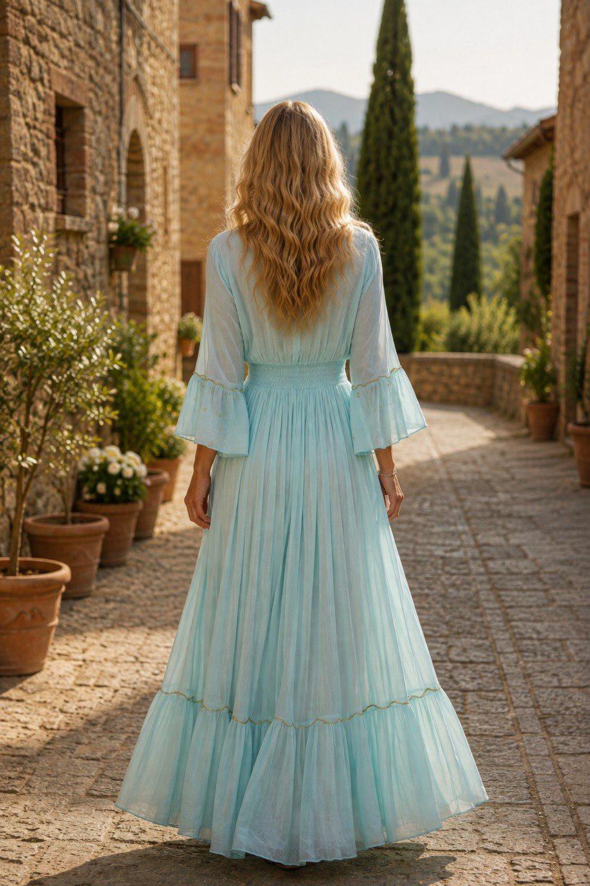 Boho Maxi Dress, Light Blue Embroidered Dress, Long Summer Dress, Flowy Bell Sleeve Dress, Bohemian Wedding Guest Dress, Boho Dress.