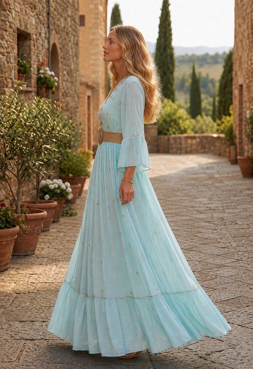 Boho Maxi Dress, Light Blue Embroidered Dress, Long Summer Dress, Flowy Bell Sleeve Dress, Bohemian Wedding Guest Dress, Boho Dress.