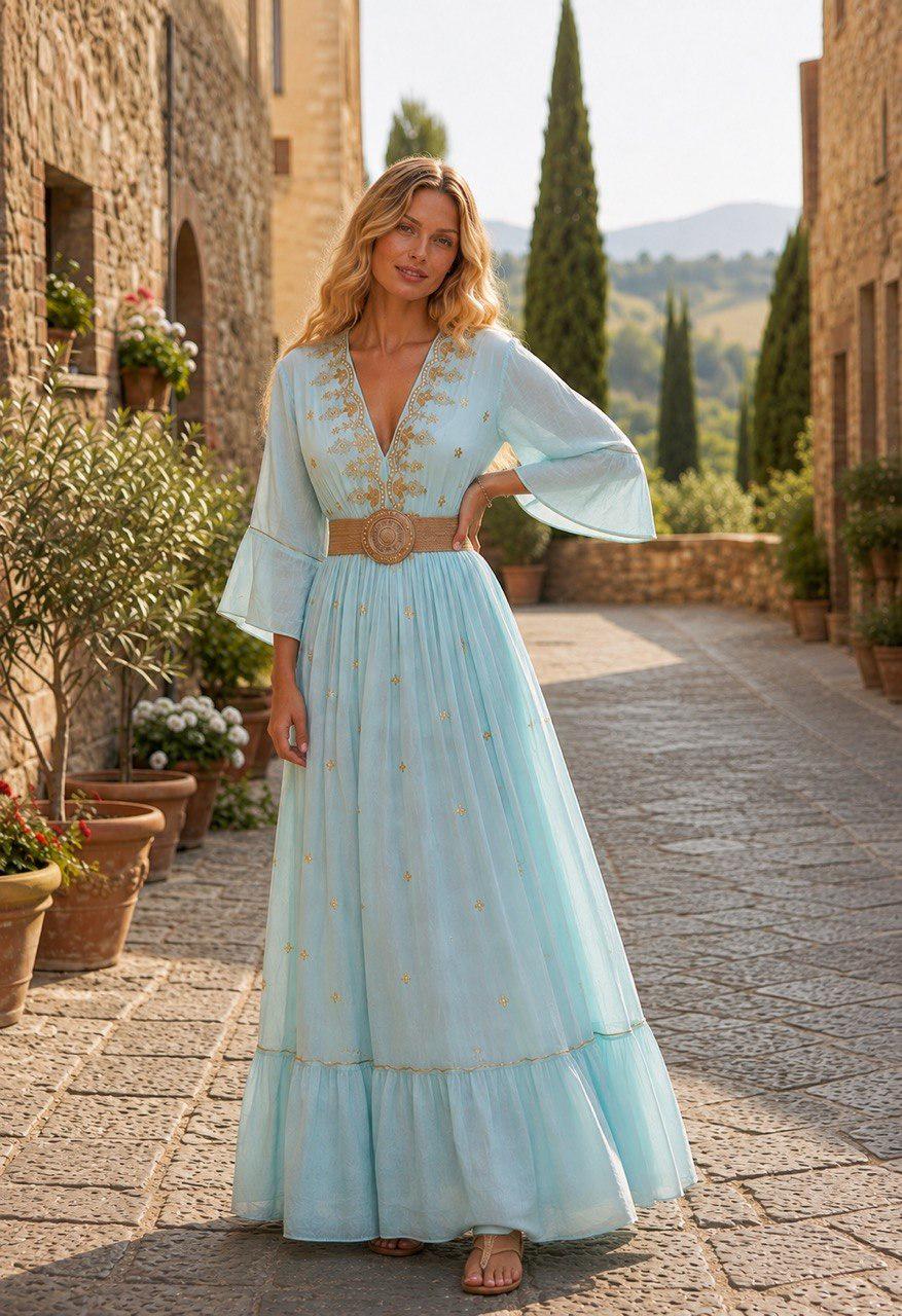 Boho Maxi Dress, Light Blue Embroidered Dress, Long Summer Dress, Flowy Bell Sleeve Dress, Bohemian Wedding Guest Dress, Boho Dress.