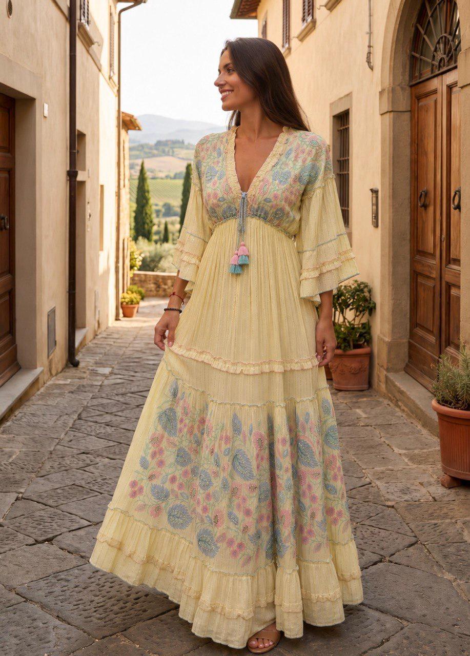 Sky Blue Boho Maxi Dress, Embroidered Long Dress, Resort Wear for Women, Beach Vacation Outfit, Flowy Bohemian Dress.
