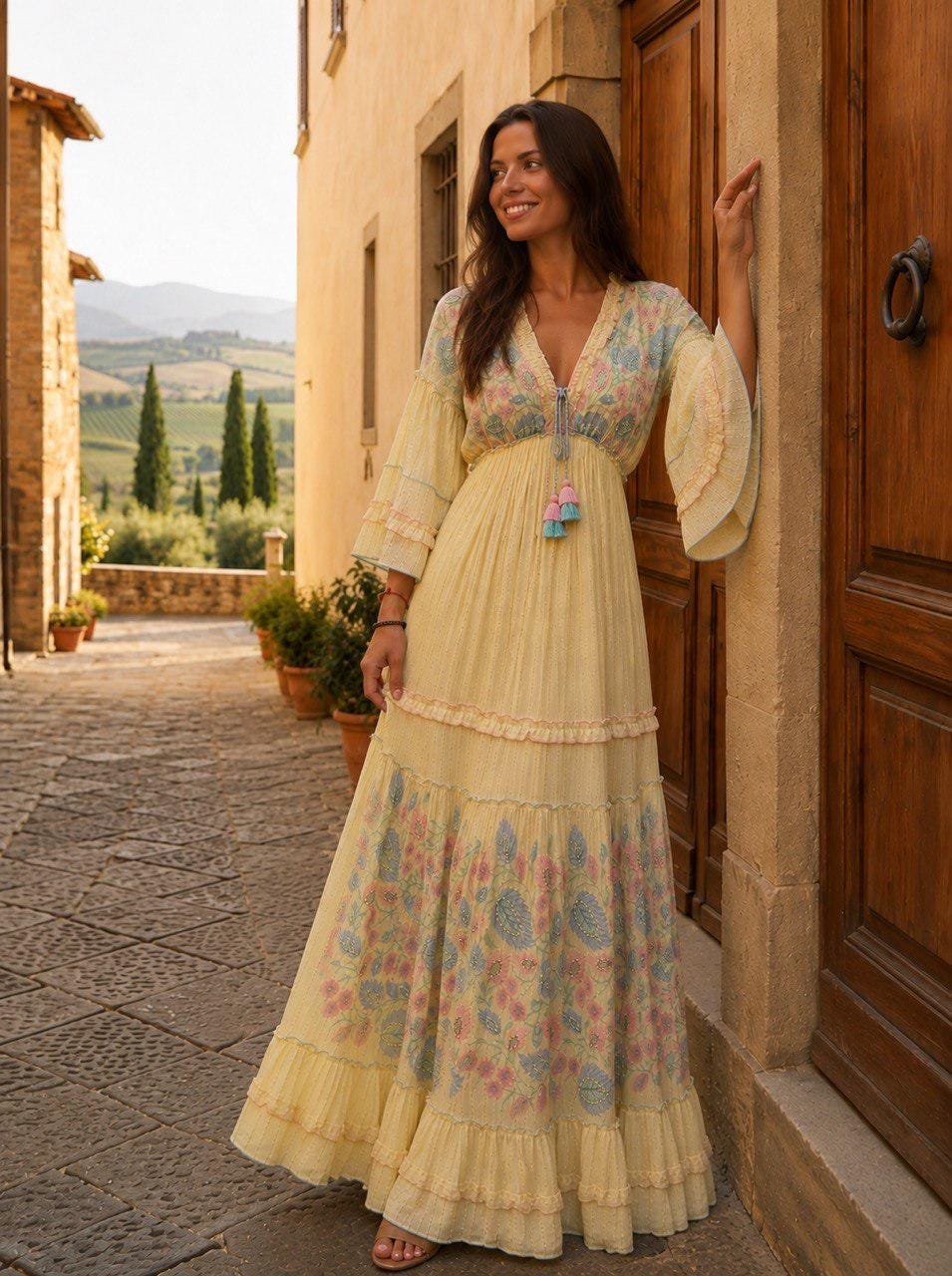 Boho Maxi Dress, Yellow Floral Print Dress, Embroidered V Neck Dress, Flowy Summer Dress, Long Bohemian Dress, Romantic Festival Dress.