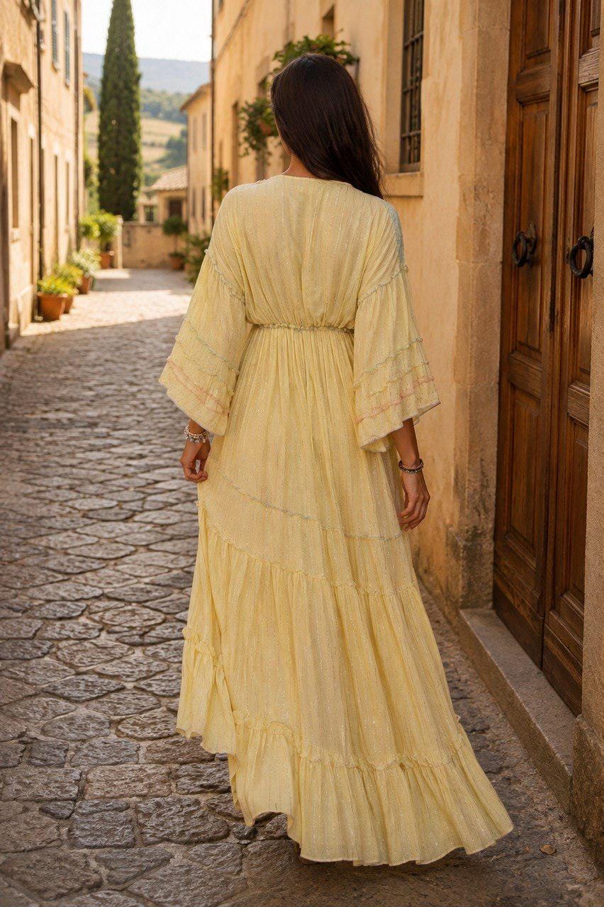 Boho Maxi Dress, Yellow Floral Print Dress, Embroidered V Neck Dress, Flowy Summer Dress, Long Bohemian Dress, Romantic Festival Dress.