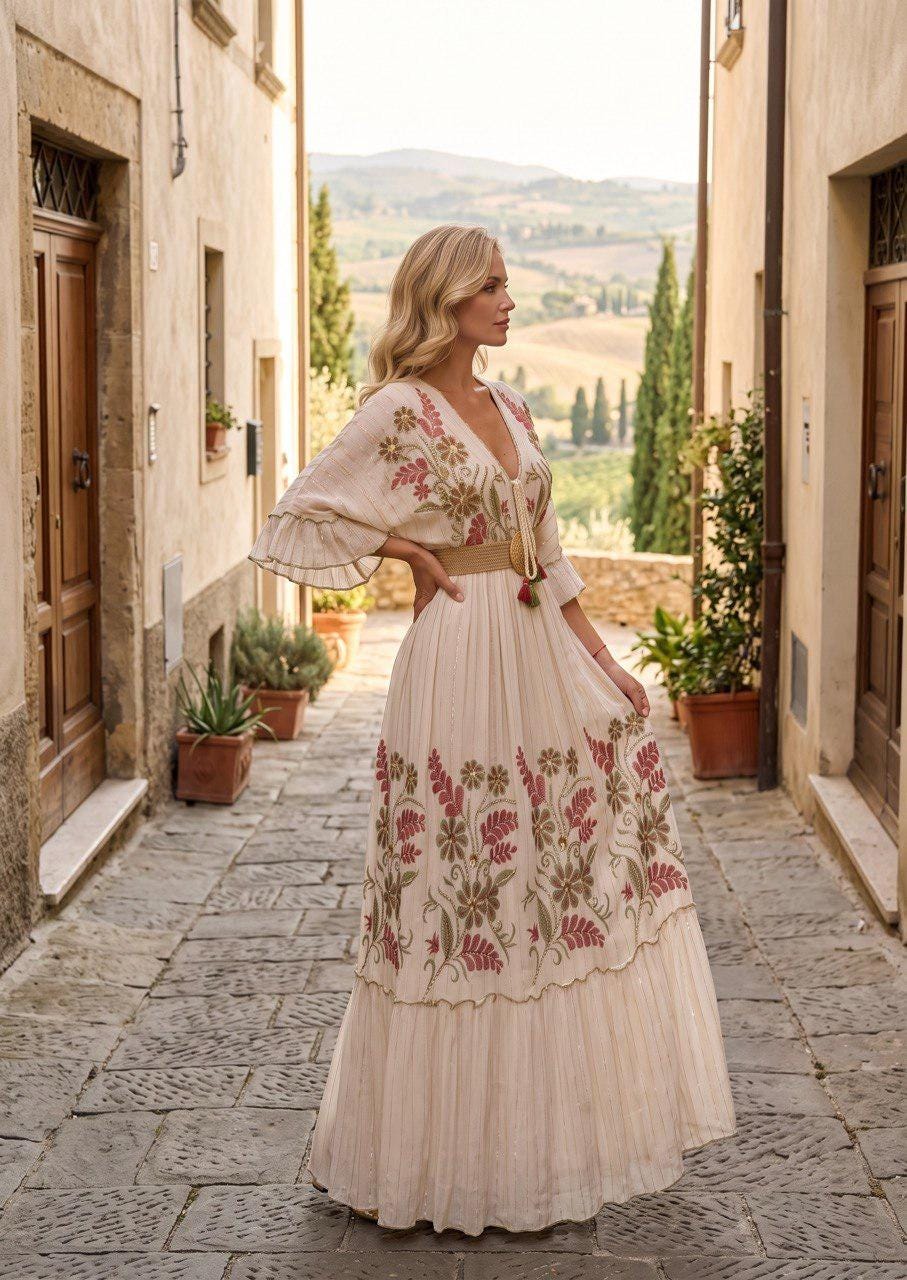 Boho Embroidered Maxi Dress, Romantic Floral Long Dress, Bohemian Summer Dress, Cottagecore Dress, Elegant Resort Dress, Boho Maxi Dress.