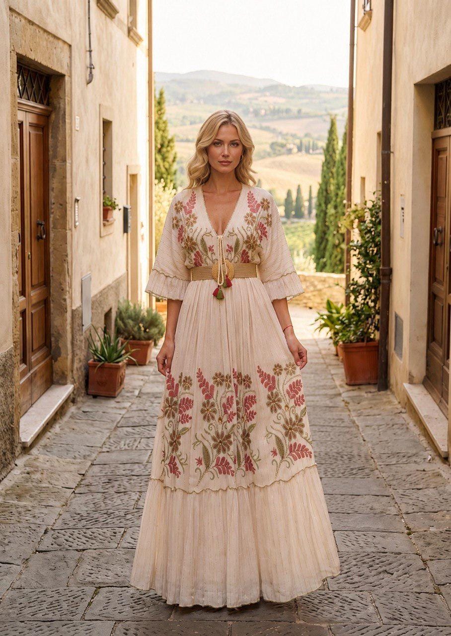 Boho Embroidered Maxi Dress, Romantic Floral Long Dress, Bohemian Summer Dress, Cottagecore Dress, Elegant Resort Dress, Boho Maxi Dress.