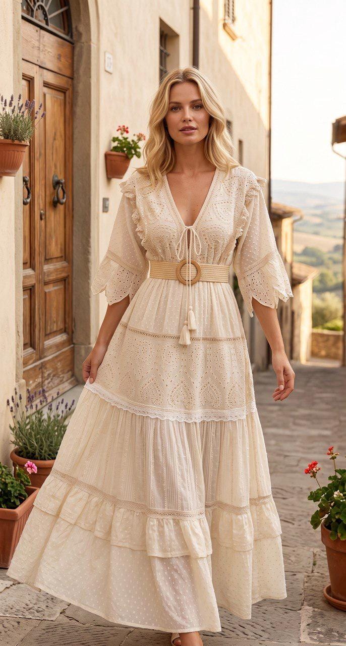 Boho White Maxi Dress, Romantic Eyelet Lace Dress, Cottagecore Summer Dress, V Neck Ruffle Dress, Beach Wedding Dress, Boho Maxi Dress.