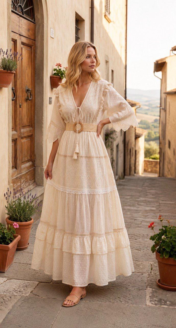 Boho White Maxi Dress, Romantic Eyelet Lace Dress, Cottagecore Summer Dress, V Neck Ruffle Dress, Beach Wedding Dress, Boho Maxi Dress.
