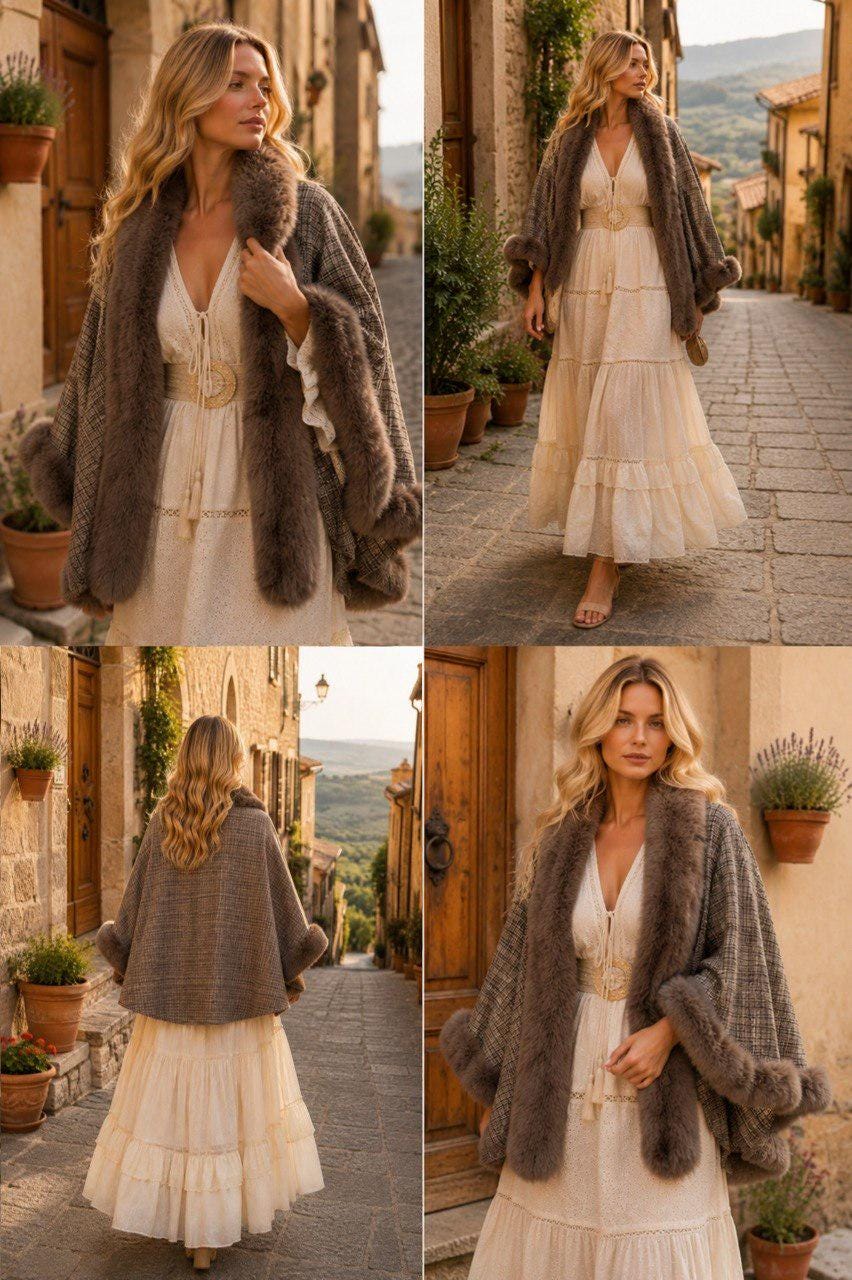Boho Faux Fur Trimmed Poncho, Women's Winter Cape, Elegant Bohemian Shawl, Cozy Plaid Wrap, Festival Outerwear, Autumn Layer.
