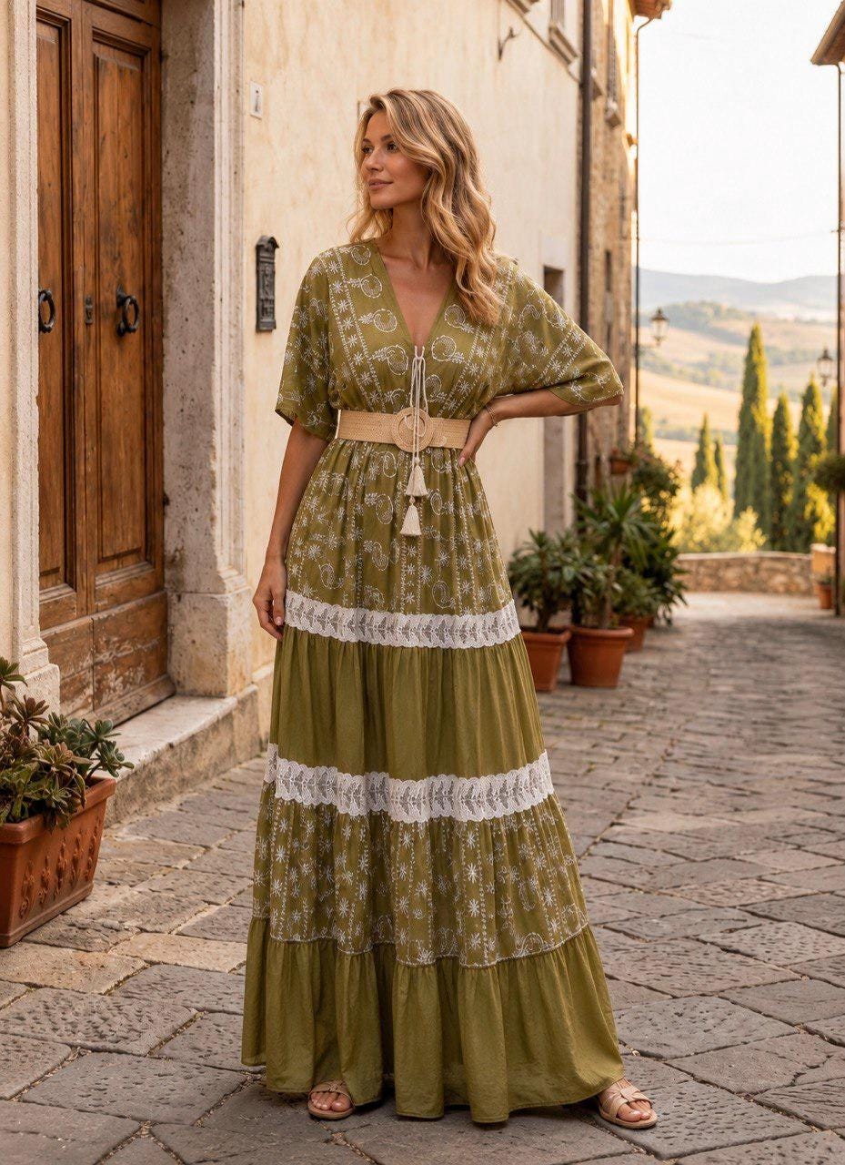 Olive Green Boho Maxi Dress, Embroidered Floral Dress, Long Summer Dress, Bohemian Wedding Guest Dress, Flowy Cotton Dress, Boho Dress.