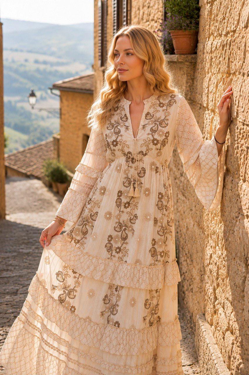 Boho Autumn Maxi Dress, Paisley Print Dress, Long Flowy Dress, Bell Sleeve Dress, Romantic Fall Dress, Vintage Bohemian Dress, Boho Dress.